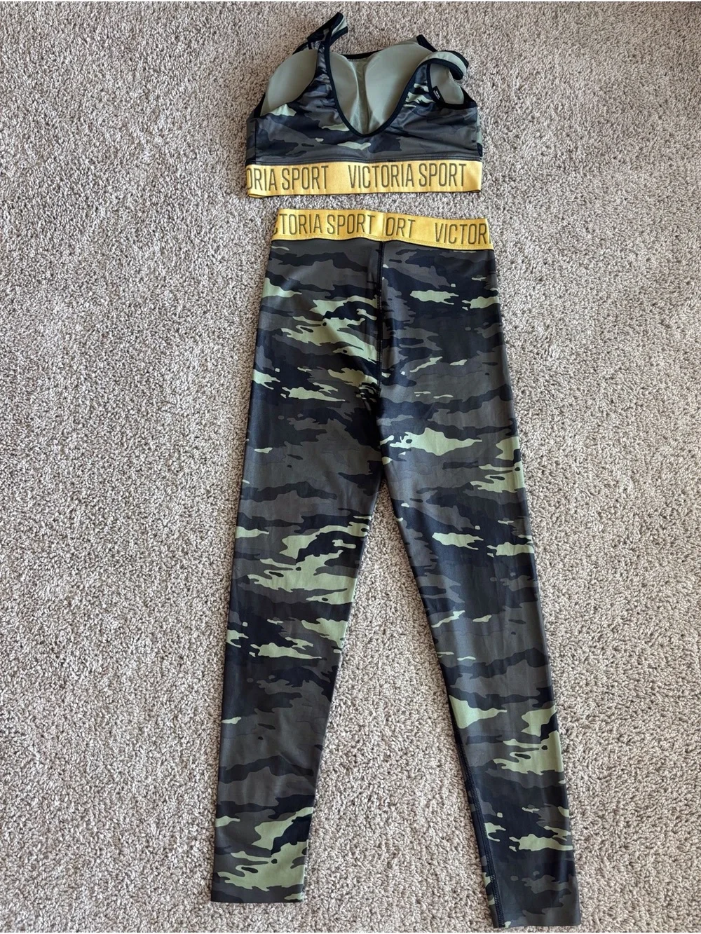Victoria's Secret Camo Leggings & Sports Bra Set with Yellow Waistband
